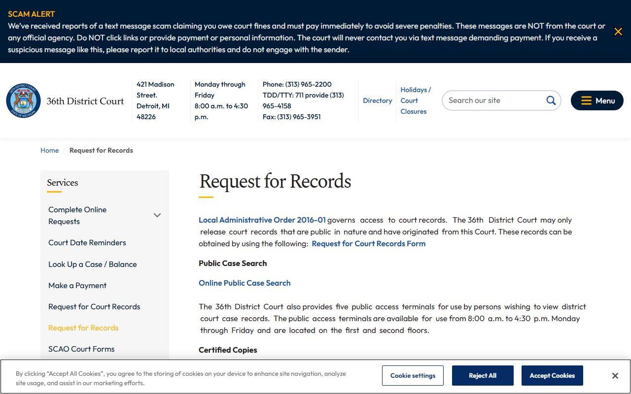 Detroit 36th District Court records request page