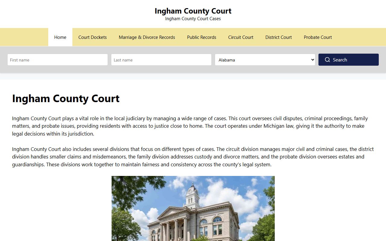 Ingham County courts portal showing Lansing family court records resources