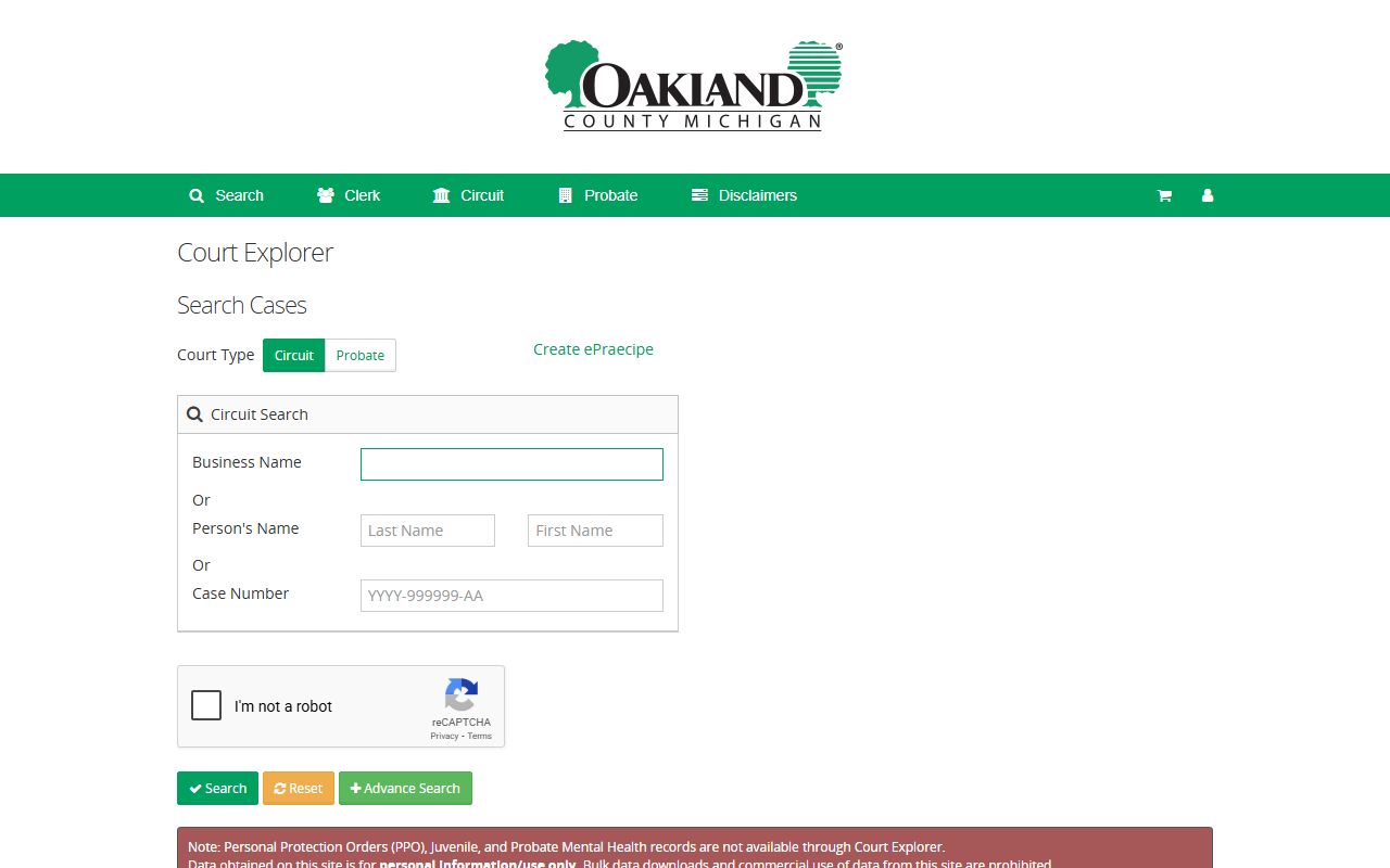 Court Explorer Oakland County case search for Troy family court records