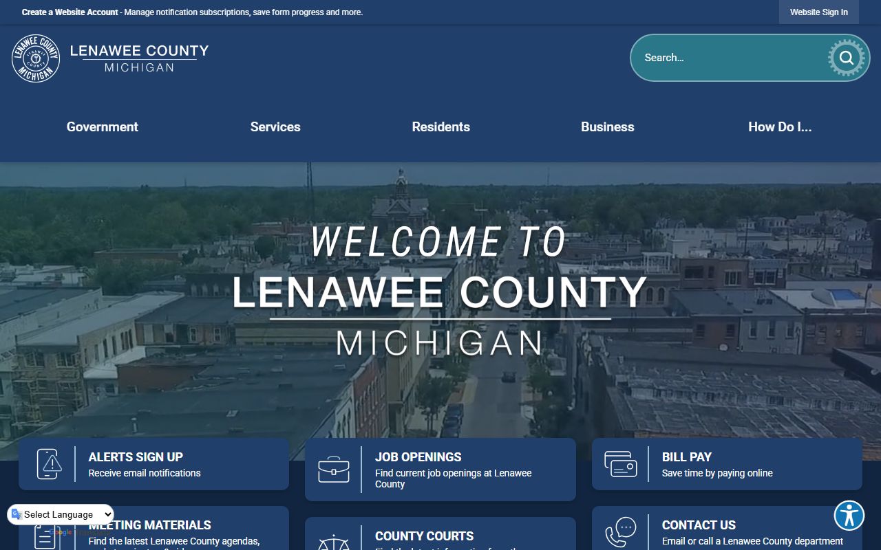 Lenawee County homepage showing family court records resources in Adrian, MI