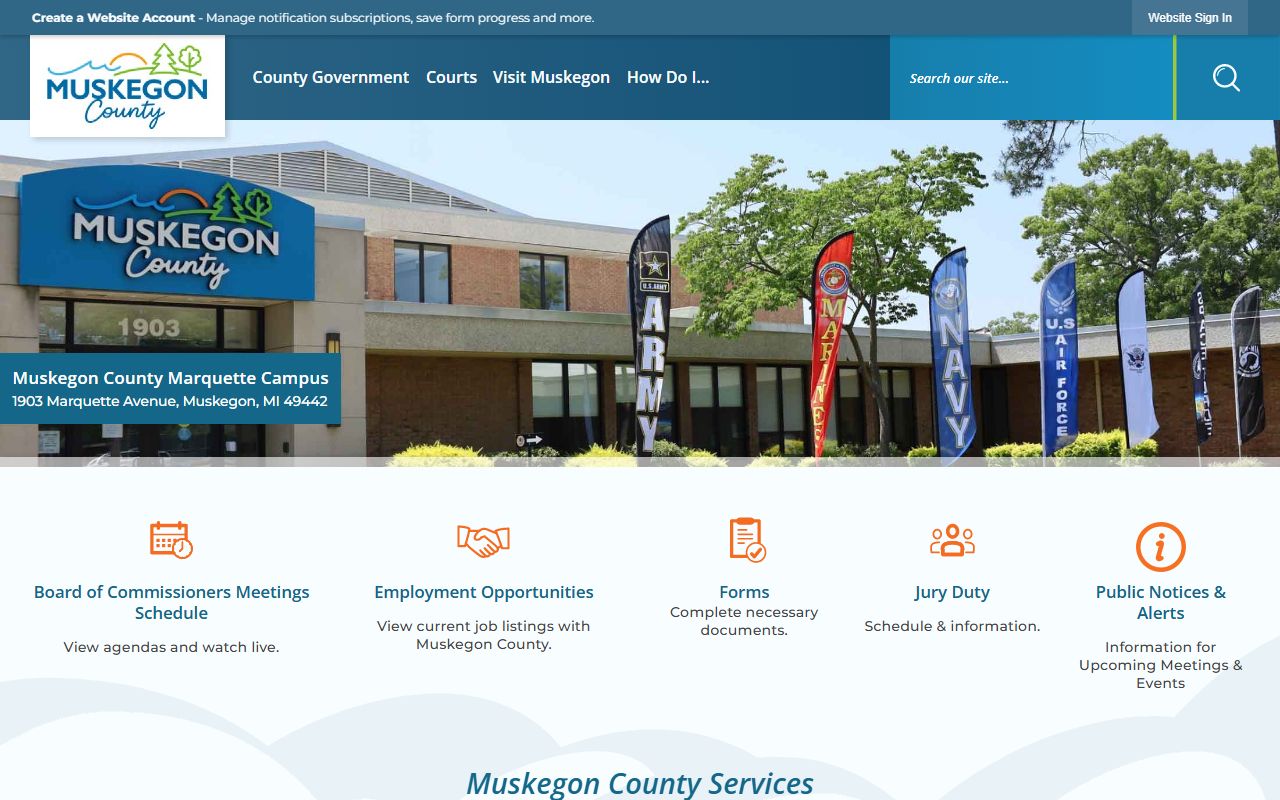 Muskegon County homepage showing resources for Muskegon County family court records