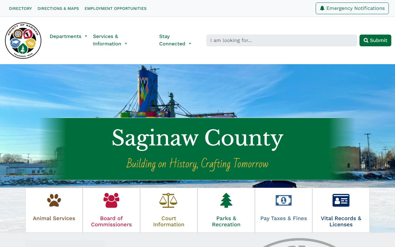 Saginaw County homepage showing county resources for Saginaw County family court records