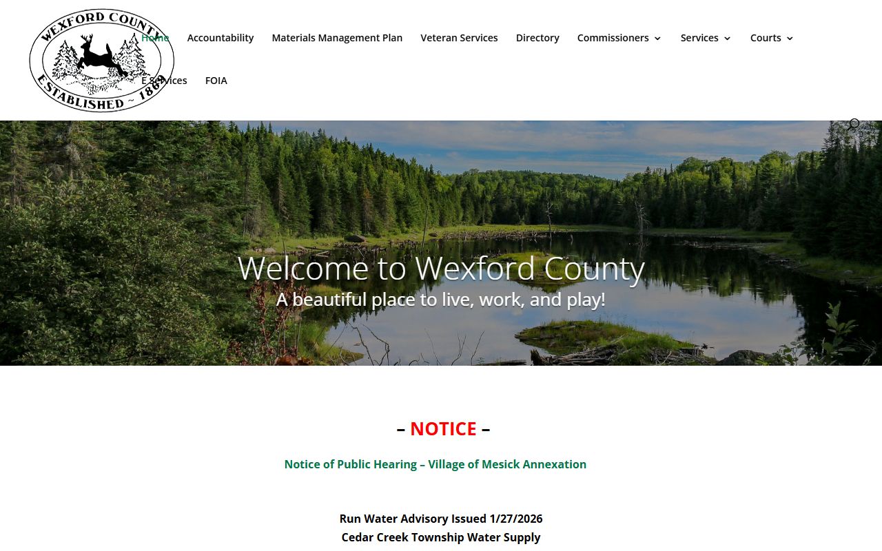 Wexford County homepage showing family court records contact information in Cadillac Michigan