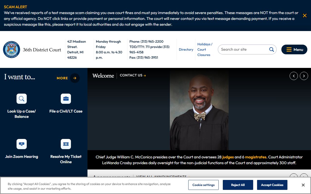 36th District Court website as reference for Michigan family court records in Wayne County